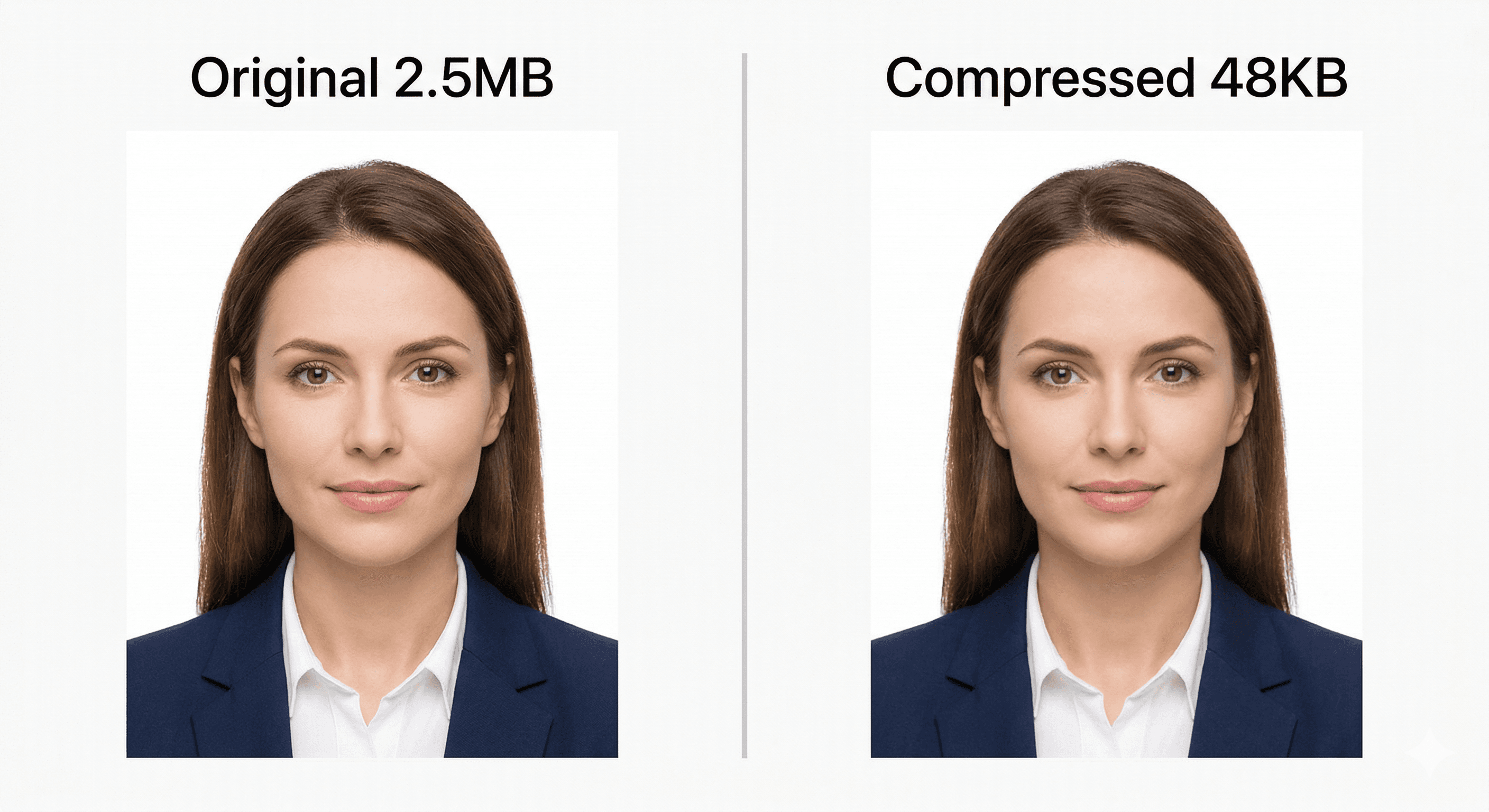 Passport photo before and after compression - 2.5MB to 48KB with no visible quality loss