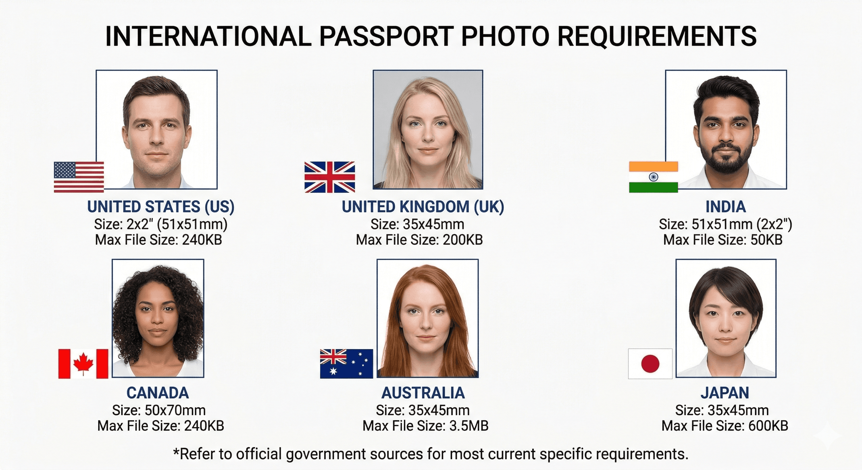 International passport photo size requirements by country - US, UK, India, Canada, Australia, Japan
