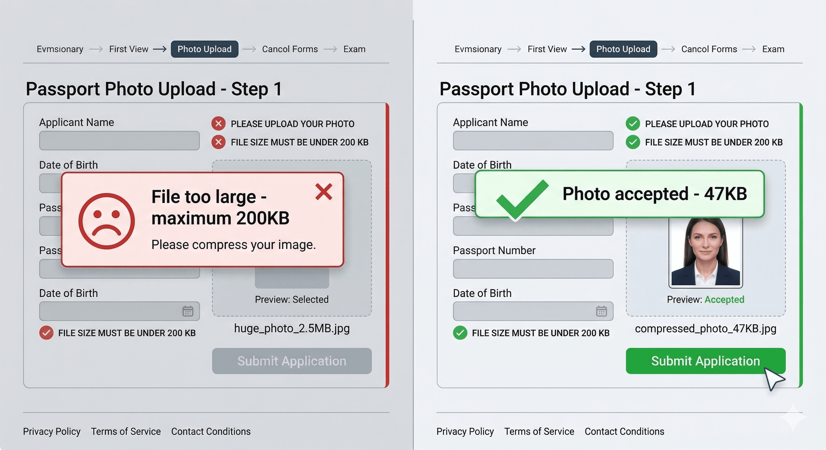 Government portal rejecting large file vs accepting compressed passport photo